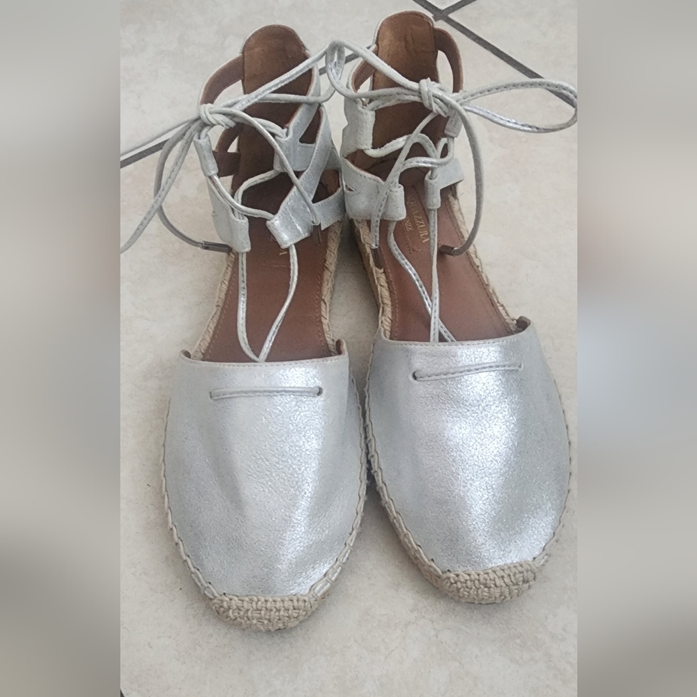 Aquazzura Firenze Silver Espadrille Lace-Up Flats, Size 37.